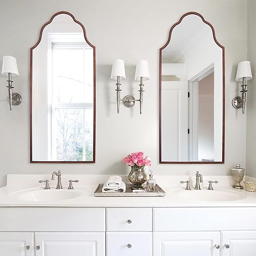 Miniatura 6 de Chende Espejo arqueado antiguo con marco de madera, espejo de bronce de granja de 47 x 20 pulgadas para decoración de pared de sala de estar, espejo