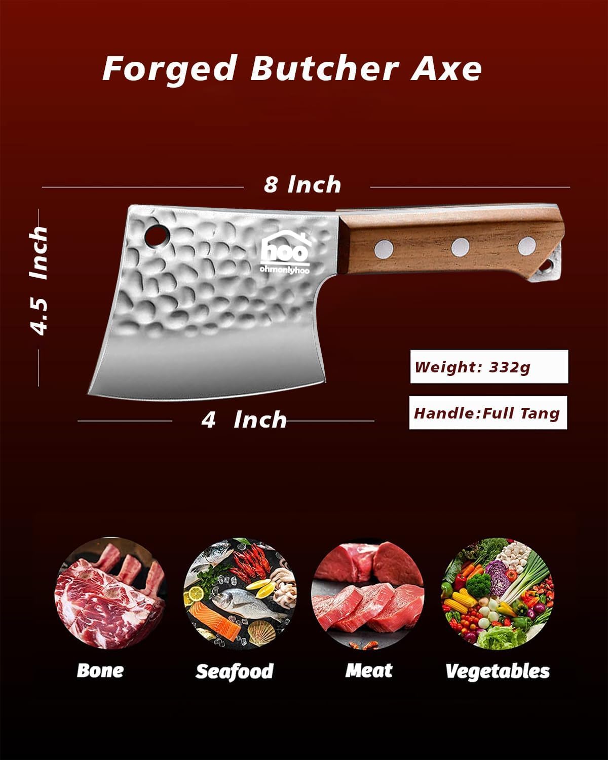 ohmonlyhoo hackmesser, Küchenbeil zum Schneiden von Fleisch und Knochen, Fleischerbeil mit Vollerlgriff aus Birnenholz, für Küche und Outdoor