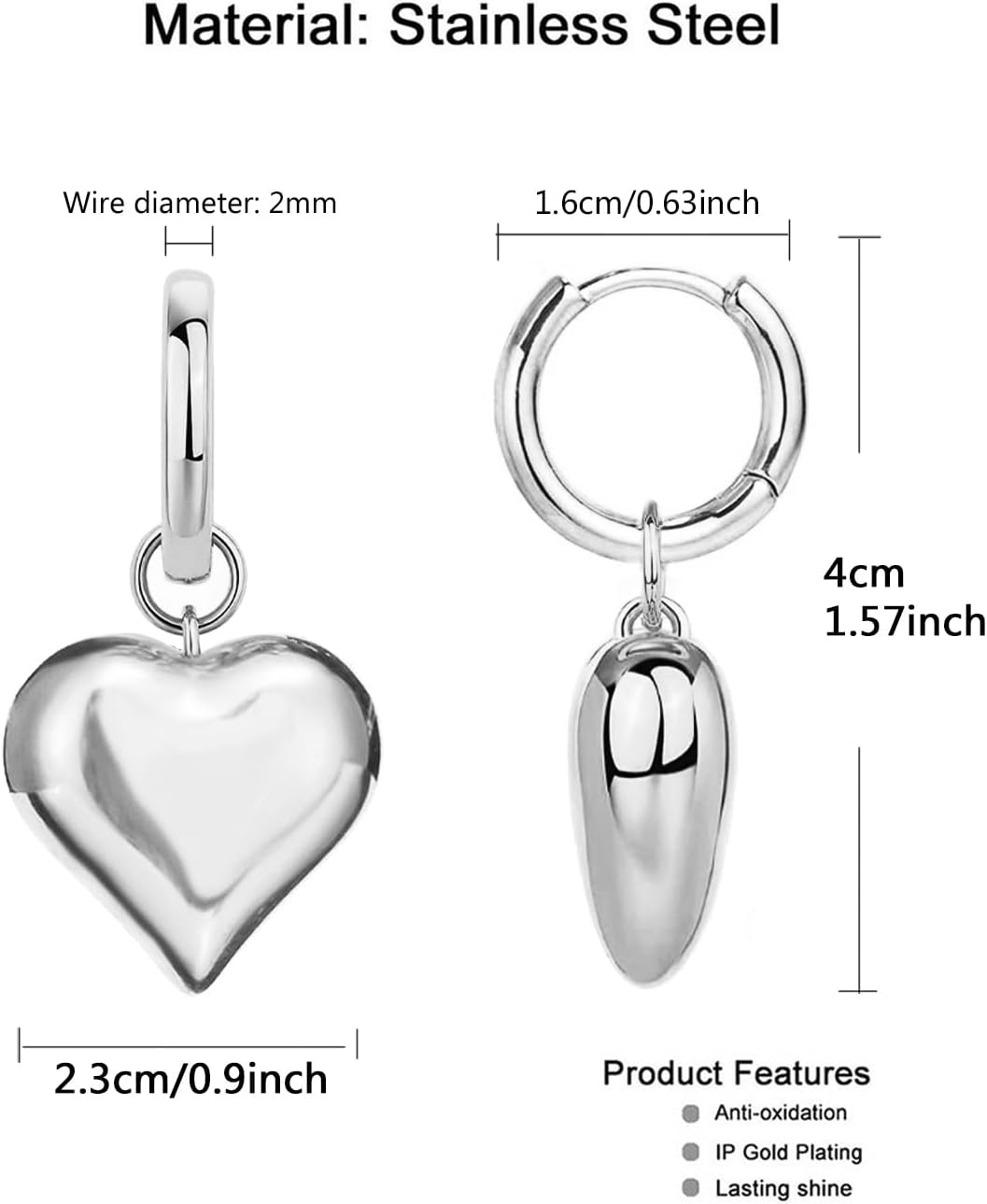 Stainless Steel Puffy Heart Drop Dangle Huggie Earring for Women Big Love Charm Hoop Earrings for Lover - Image 4
