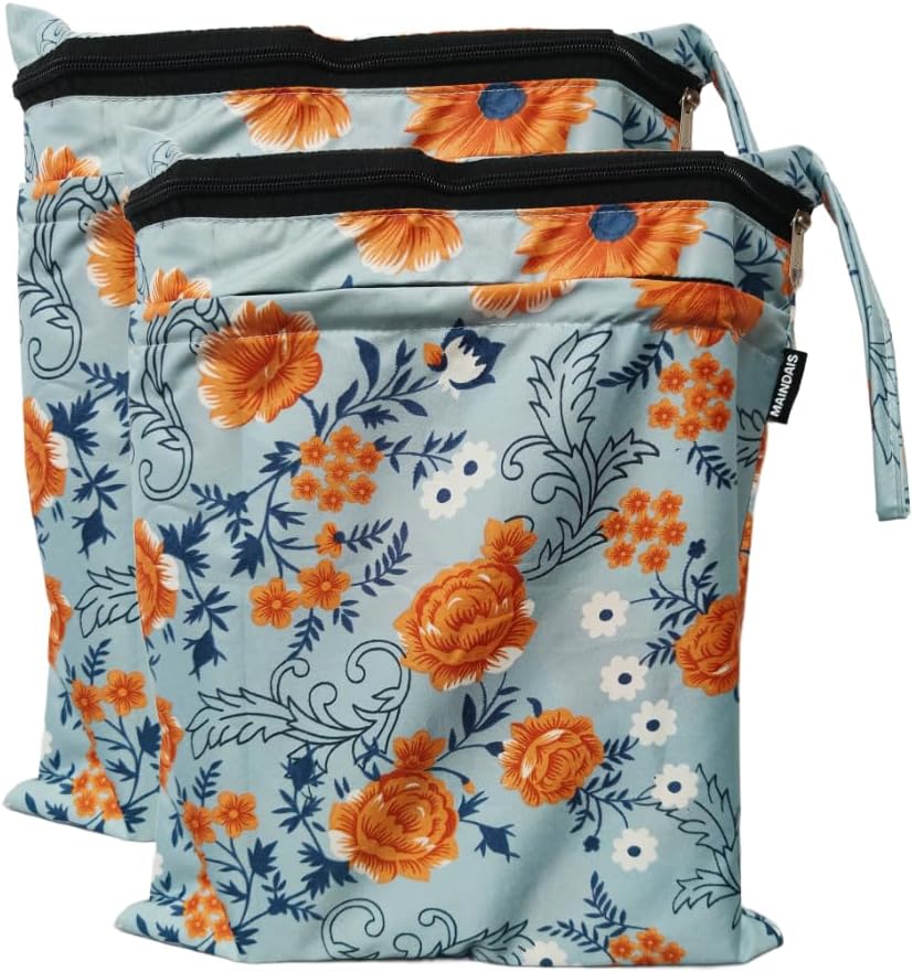 Waterproof Wet Bag, Washable, Reusable for Travel, Beach, Pool, Stroller, Diapers, Dirty Gym Clothes, Wet Swimsuits,Toiletries with Extra Pocket Zipper(Pack of 2) (Pack of, Grey_Flower)