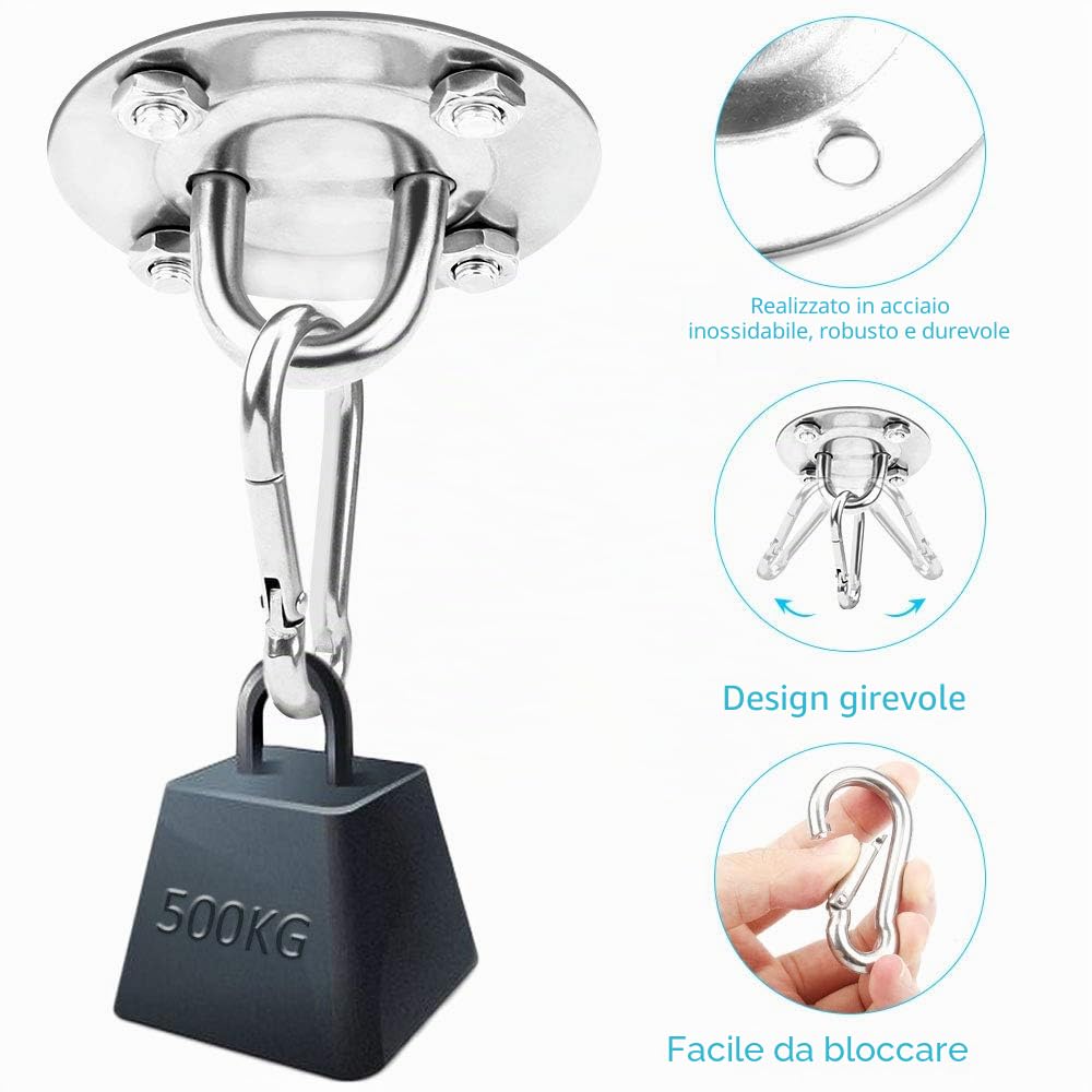 Set di 2 Ganci per Altalena Pesanti, Ganci per sedie da Appendere a soffitto per Amaca in Acciaio Inox, Ganci per Montaggio a soffitto per Portico, Sedia Yoga, Amaca da Palestra, Fino a 500 kg