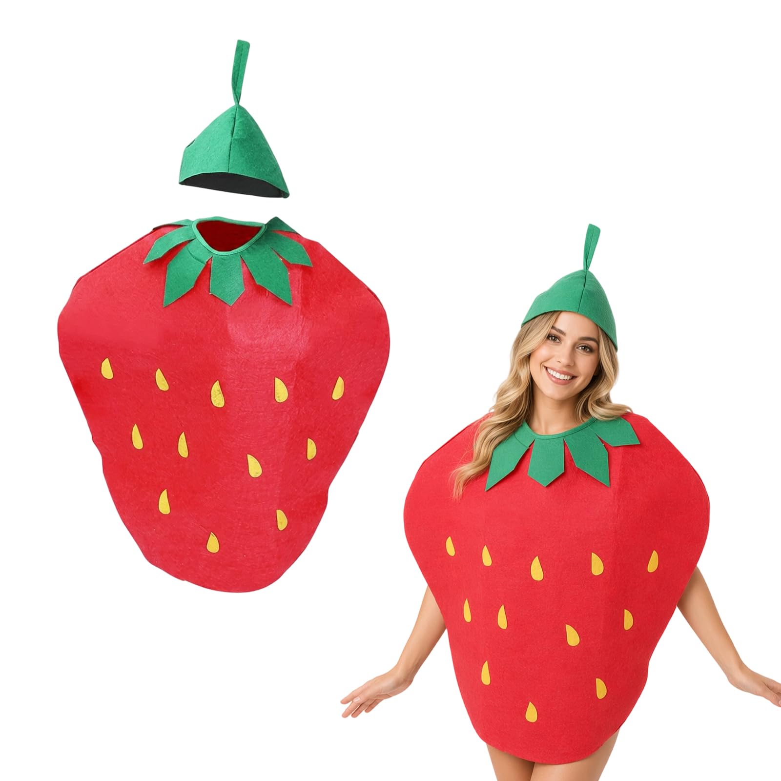 Ywikfag Strawberry Costume for Adults, Funny Fancy Dress with Headpiece