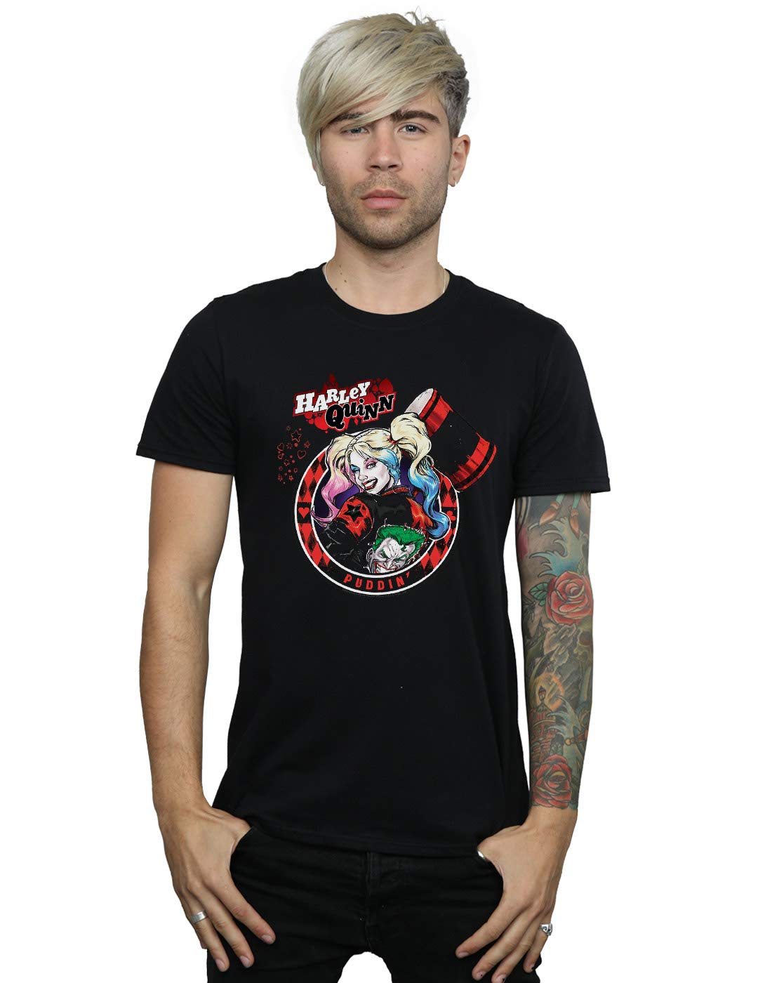 DC Comics Men's Harley Quinn Joker Patch T-Shirt Black Large