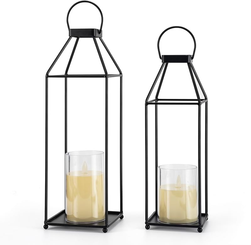 Linternas decorativas para exteriores, 2 unidades, linterna decorativa para porche delantero con velas LED | Linterna de decoración de Metal negro para decoración del hogar, manto de chimenea de Patio o centro de mesa, decoración de linterna navideña de Halloween