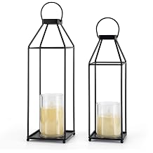 Lanterns Decorative Outdoor 2PCS Living Room Decor Lantern Black Metal Lantern Front Porch Decor Lanterns Decor Indoor with LED Candle Lanterns Decor No Glass for Indoor Outdoor (Small&amp;Large, 2Pcs)