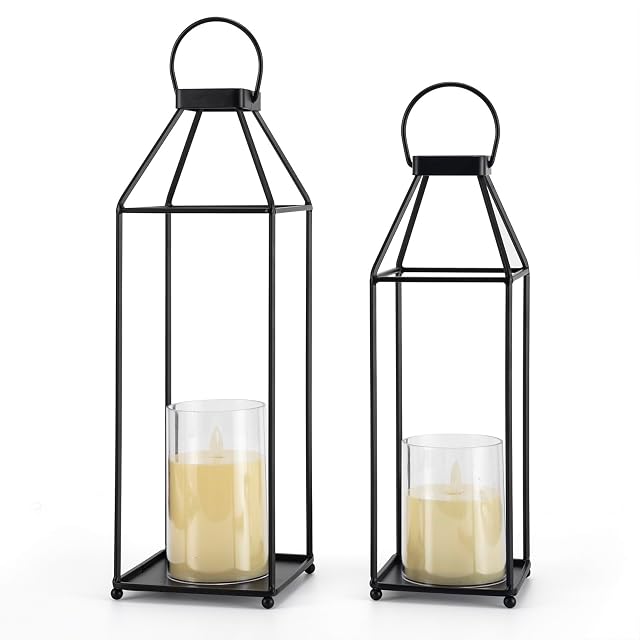 Lanterns Decorative Outdoor 2PCS Living Room Decor Lantern Black Metal Lantern Front Porch Decor Lanterns Decor Indoor with
