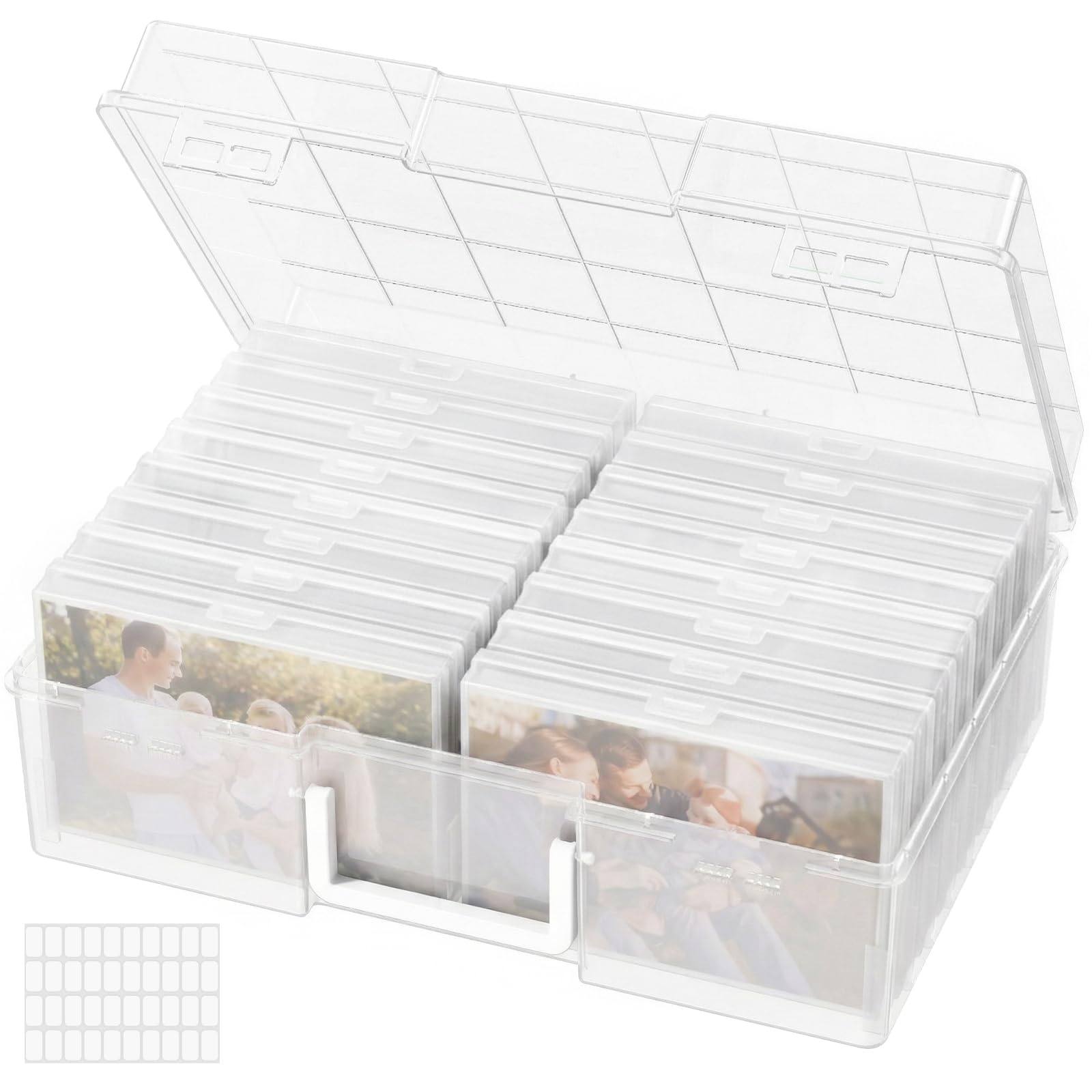lifewit 4x6 photo storage box, 16 pcs inner photo case with lids, clear photo organizers with 1 sheet label sticker, plastic craft storage box for seeds sticker cards pictures office supplies