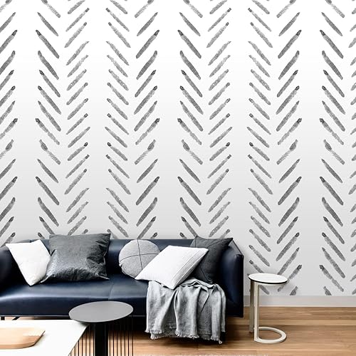 Miniatura 2 de Herringbone Lines Geometry - Papel tapiz autoadhesivo prepegado en blanco y negro, diseño de rayas modernas, vinilo para despegar y pegar,