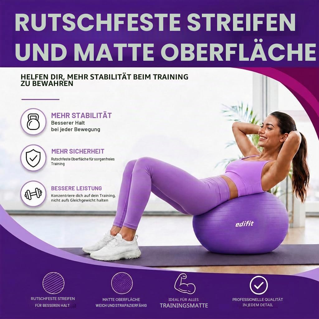 EDIFIT, Gymnastikball, 55, 65 und 75, Pezziball, Einschließlich Inflator, Pilates Ball, Sitzball, Pilates, Yoga Ball, Gymnastik