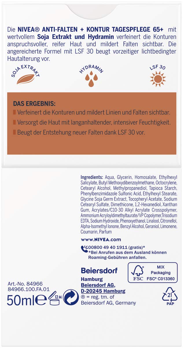NIVEA Anti-Falten + Kontur Tagespflege LSF 30 65+ (50 ml), Gesichtscreme mit Soja Extrakt und Hydramin… – Ansicht 2