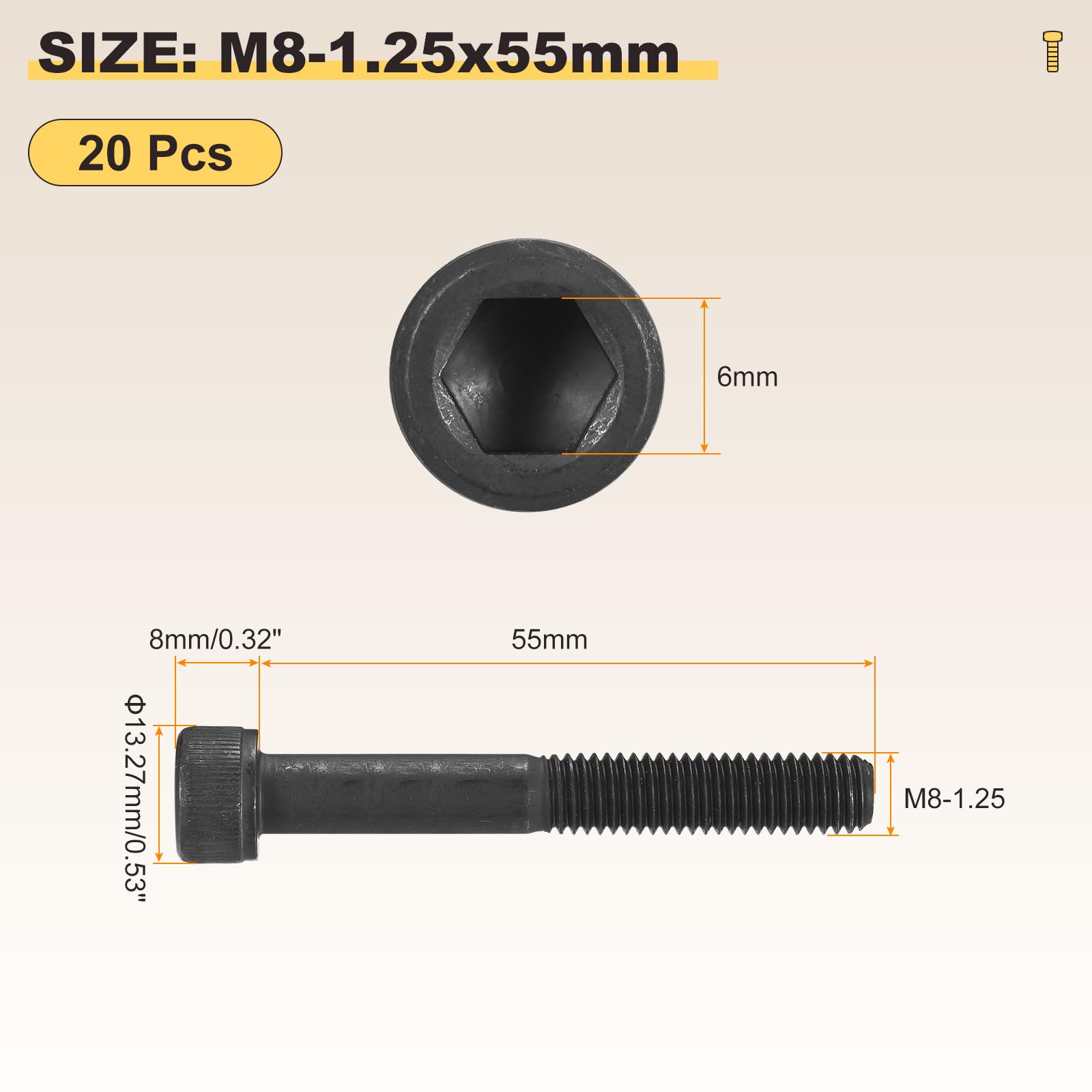 METALLIXITY Socket Head Cap Screws(M8-1.25x55)20Pcs, Carbon Steel Allen Socket Drive Metric Oxide - Image 2