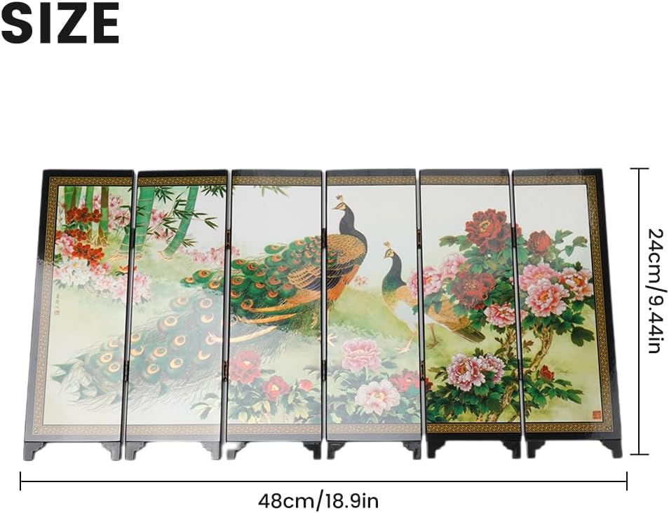 Unique 6 Panel Wood Folding Partition Peacock Design Screen Room Divider Desktop Folding Peacock Screen for Home Use