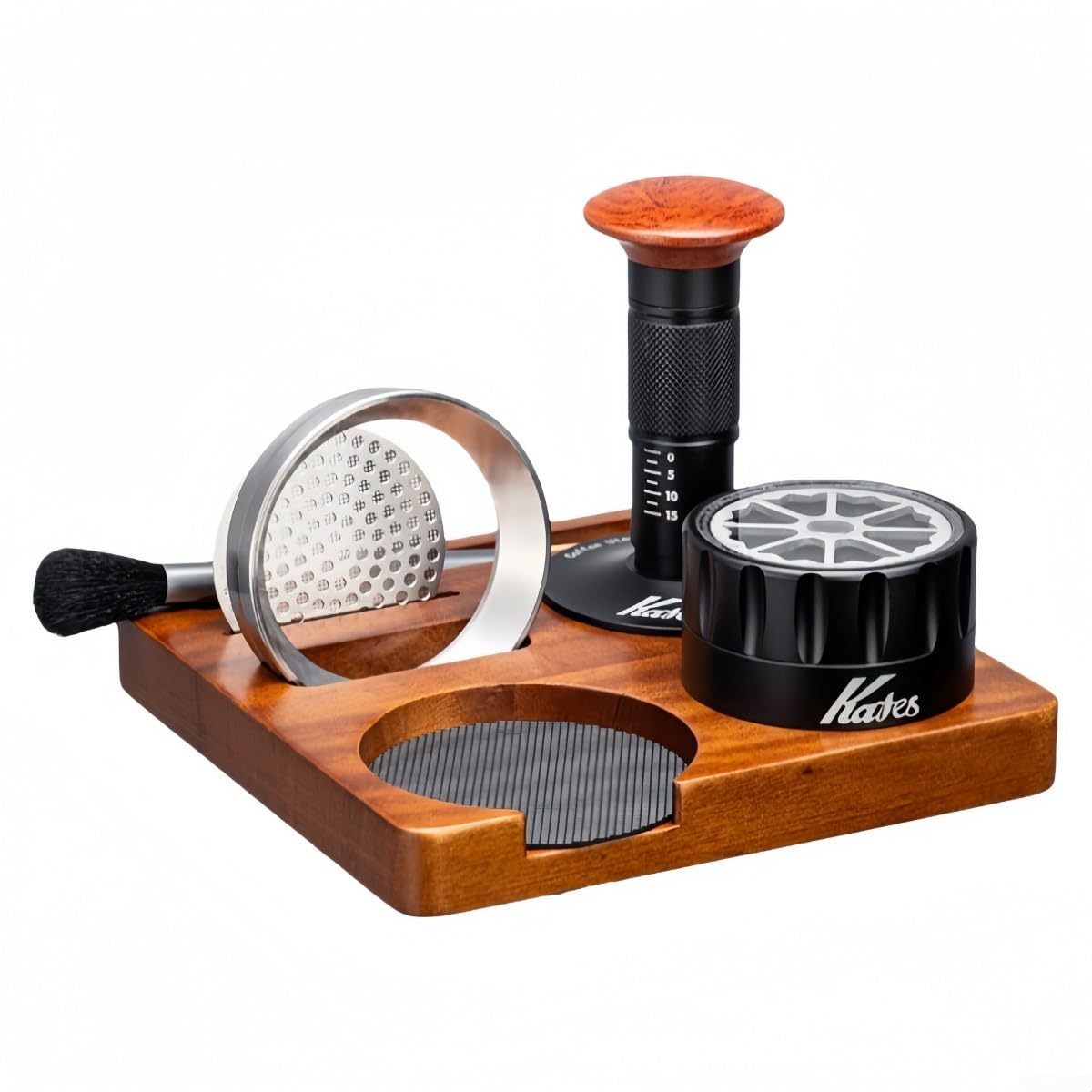 Set Completo para barista con para Base de Nogal, Tamper para acero, Embudo Dosis, Cepillo, Herramientas Café Reutilizables, 16x16cm(51MM)