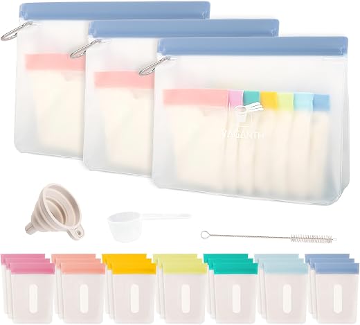 Protein Powder Container Travel Set, 21 Single Dose Bags, 3 Large Zip Bags, Storage Containers with Funnel and Spoon (27 P...