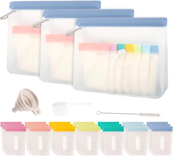 Protein Powder Travel Container Set,Reusable Powder Supplement Container To Go,21Pcs Single Dose Bags & 3Pcs Large Zip Bags,Portable Travel Containers with Funnel,Spoon