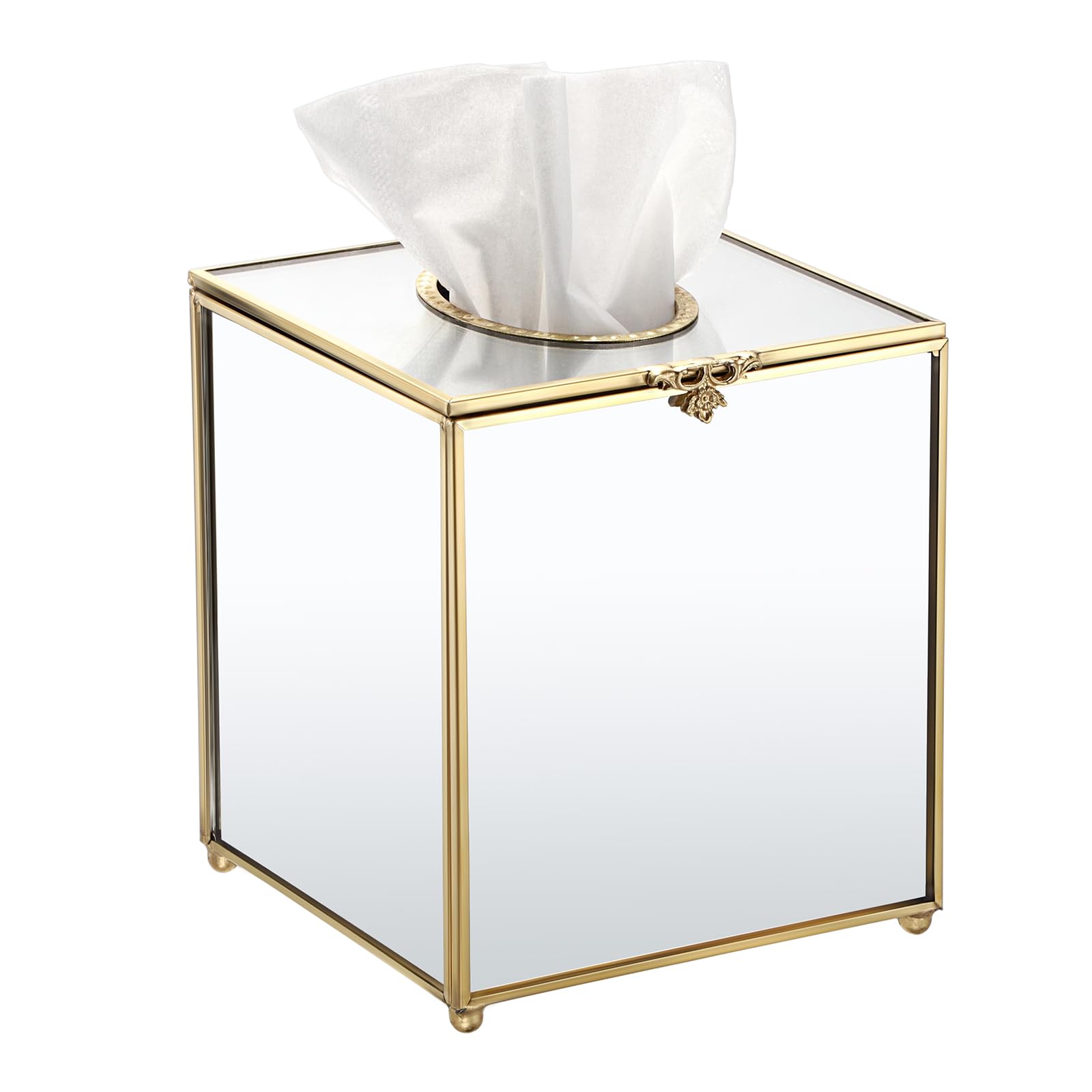 SIMILAR PRODUCT SEE PICTURES FROM BIDFTA Sumnacon Square Glass Tissue Box Cover with Lid, Mirrored Cube Tissue Box Holder for Bathroom Home Office, Gorgeous Gold Facial Tissue Dispenser for Dresser Vanity Countertop Night Stand