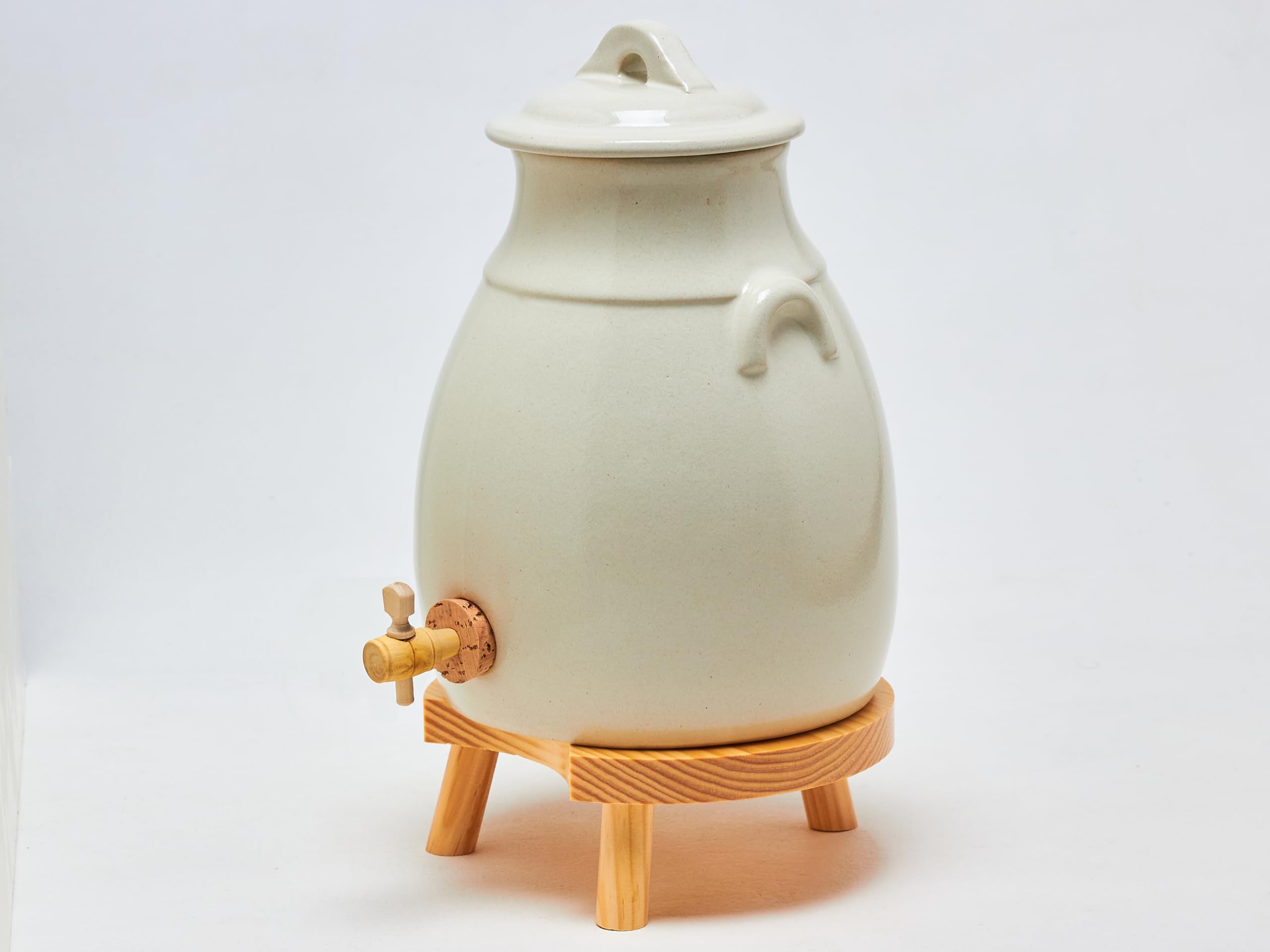 Ardosia Acetiera in Gres Bianco 3,5 L con Rubinetto e Supporto in Legno, per Fare Aceto in Casa, Aceto di Vino, Madre dell’Aceto, Istruzioni Incluse