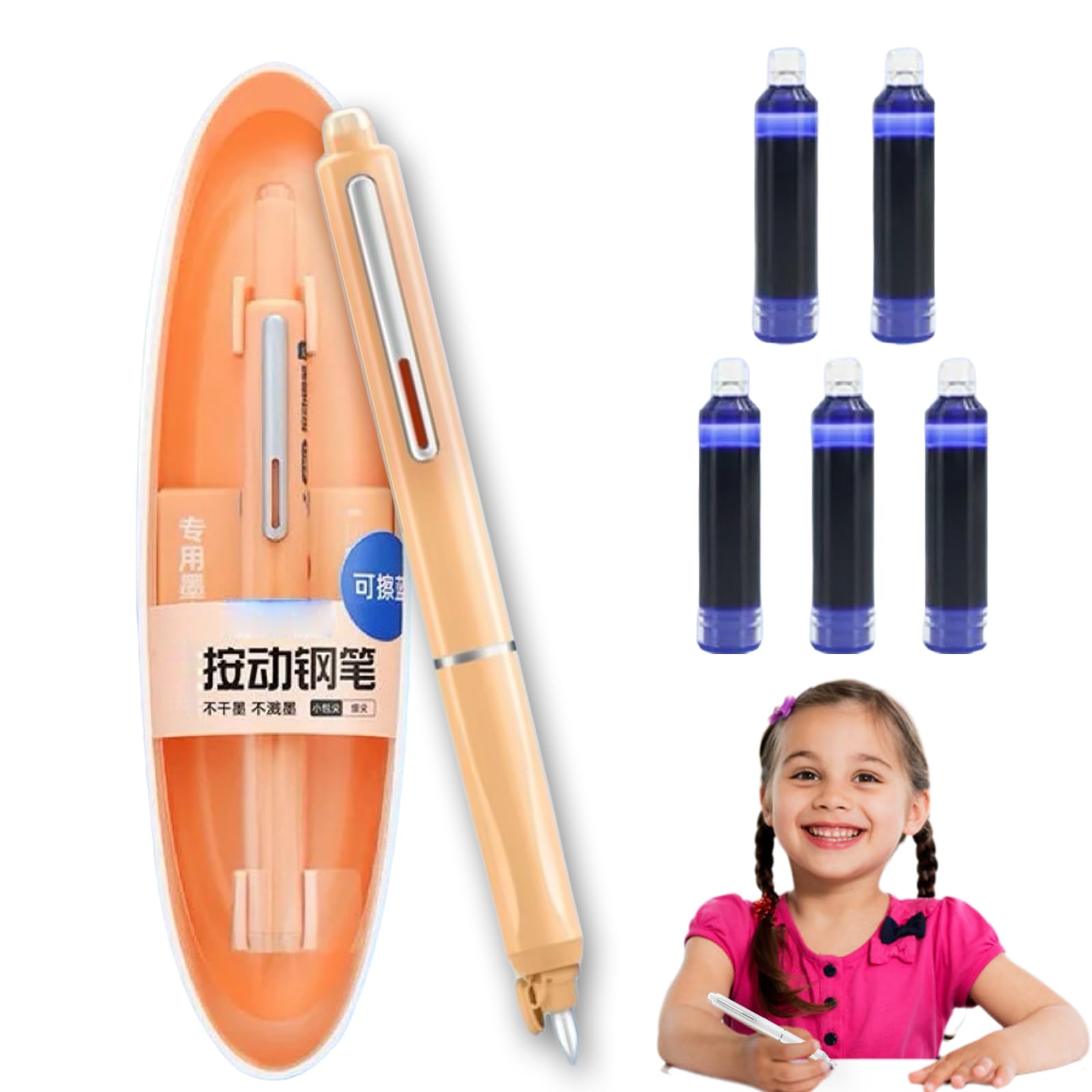 Fountain Pen Retractable:0.38mm Blue&black Ink Transparent Barrel Includes 5 Refillable Ink Cartridg, Smooth Writing No Leaking Gift Set for Calligraphy Journaling Doodling (Orange)