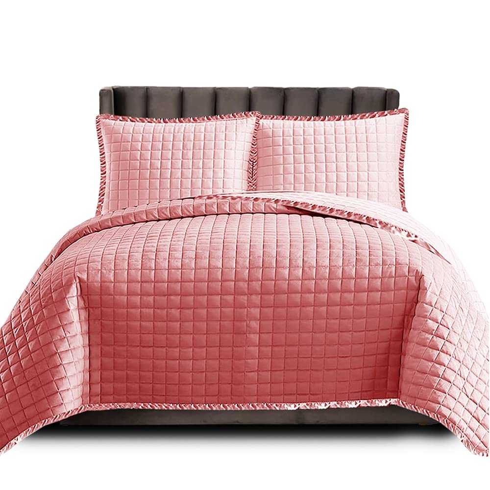 Luxury Quilted Bedspread Bed Throw Warm Embossed Box Pattern Quilt Coverlet Bedspread with Slik Border Bedding Set with Pillow Shams (Double, Pink)