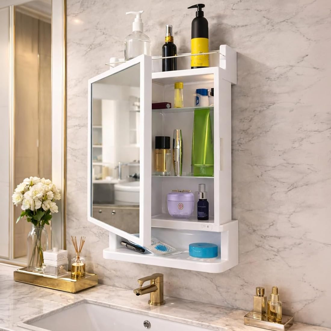 HOUZA Premium Look Plastic Wall Mounted Bathroom Mirror Cabinet with Storage | Waterproof Storage Organizer with Shelves | Bathroom Accessories (White)