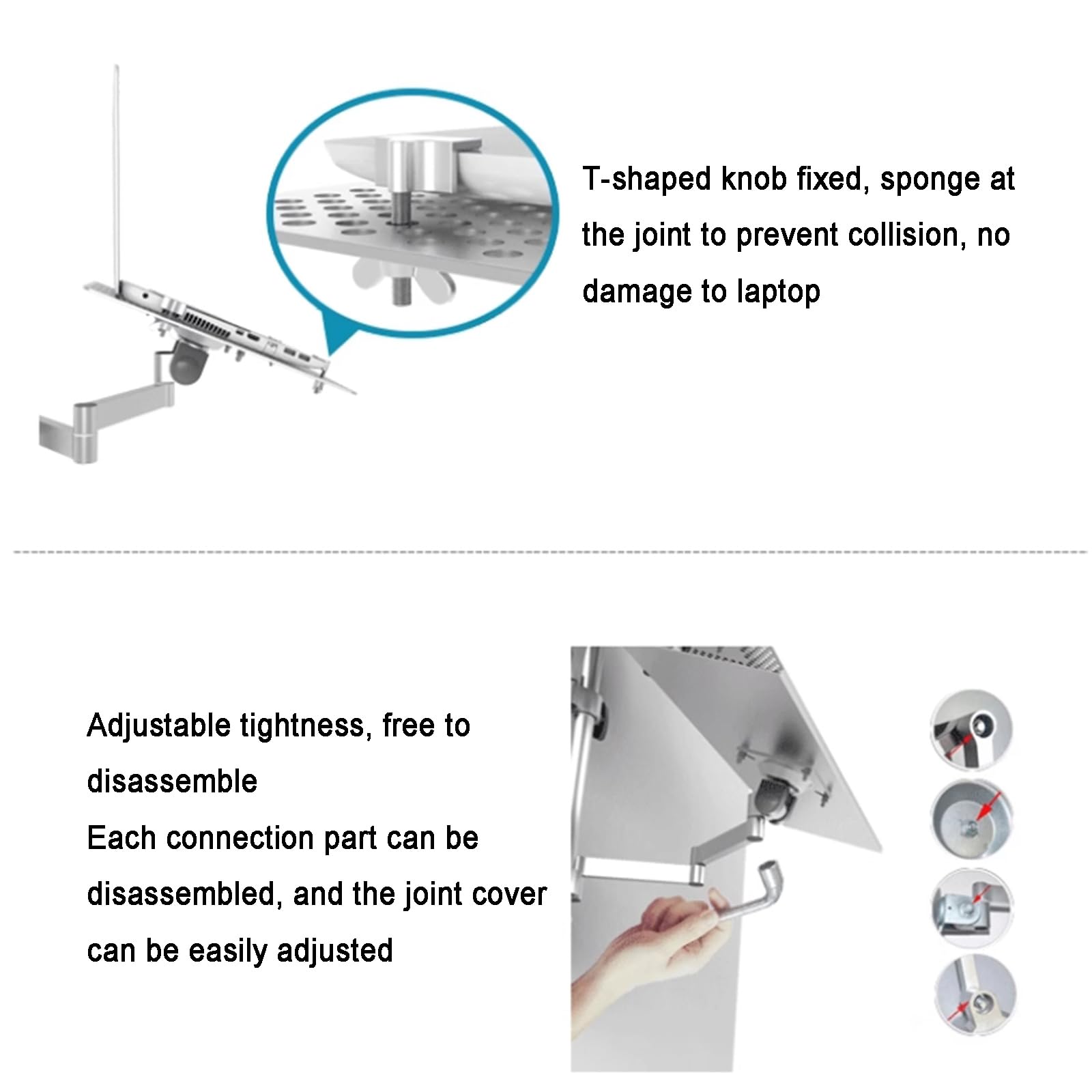 Soporte ajustable de movimiento completo para laptop con brazo extendido, capacidad de carga segura de 8 kg, se adapta a pantallas de 10 a 15.6 pulgadas para uso en oficina y estación de trabajo