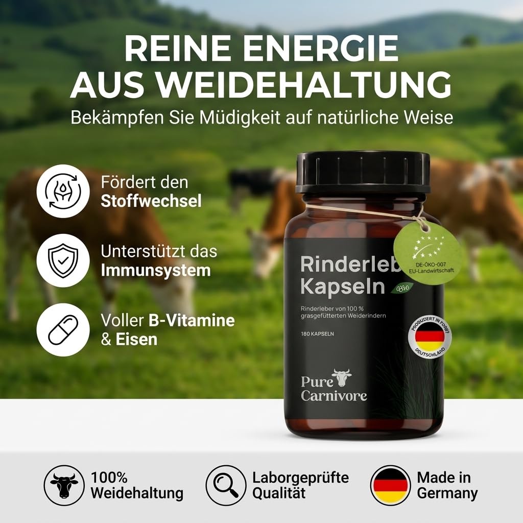 Bio Rinderleber Kapseln 180 Stück | 30-Tage-Packung | Weiderinder | Natürliches Vitamin A, B12, Eisen, B2, B3, B5, Folsäure, Kupfer | Für Keto- & Paleo-Ernährung