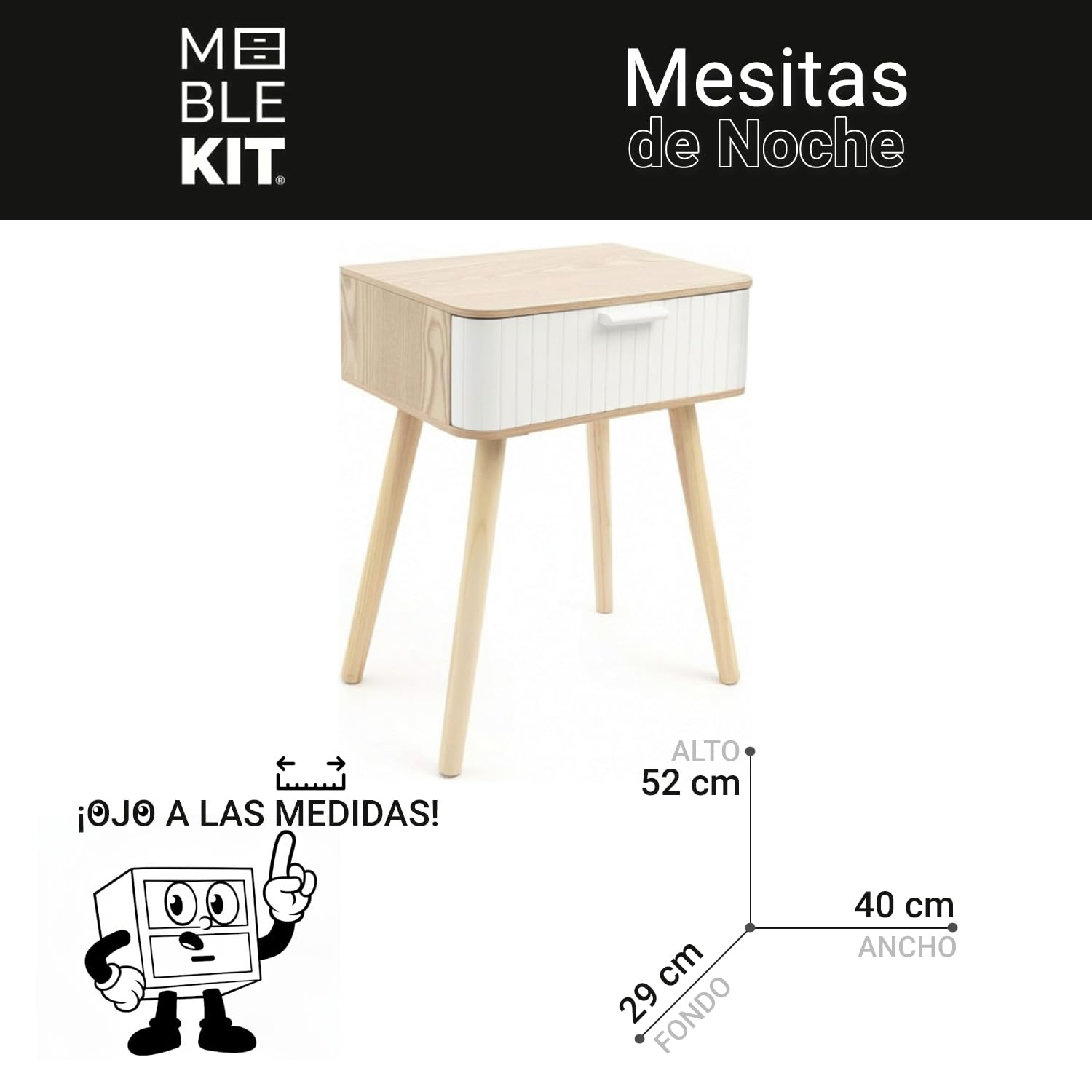 INDE MOBLEKIT | Mesita de Noche Madera Blanca con Cajón, 40x29x52 cm, Mesilla Estilo Nórdico para Dormitorio o Salón, Mesa Auxiliar Compacta, Mesitas de Noche Blancas y Funcionales