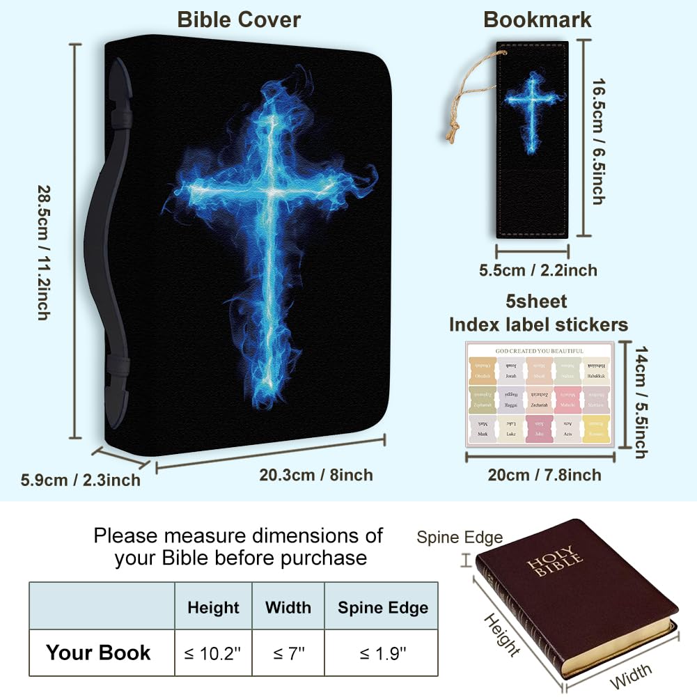 Hobbspring Bible Cover Case for Men Women Cross Book Cover with Bookmark Fluorescent Flame Special Carrying Bible Cases with Handle and Zipper PU Leather Storage Bags for Adults Students(Blue Black) - Image 2