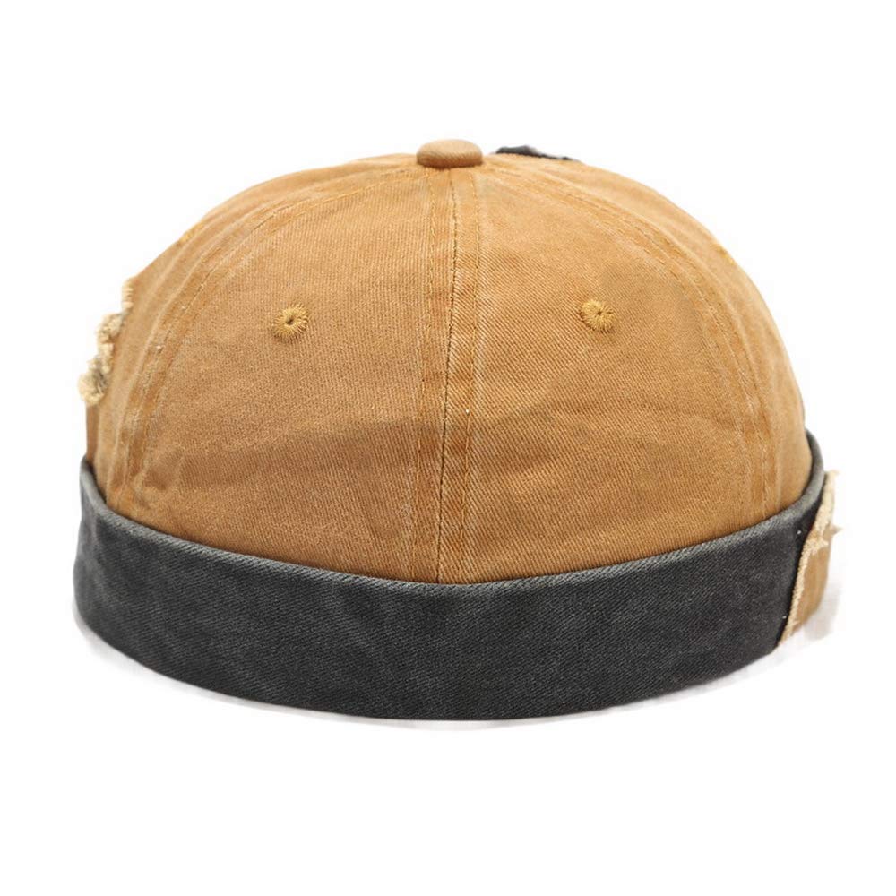 Mongous Mens Patch Distressed Docker Cap Worker Hat Hip Hop Brimless Cap Yellow