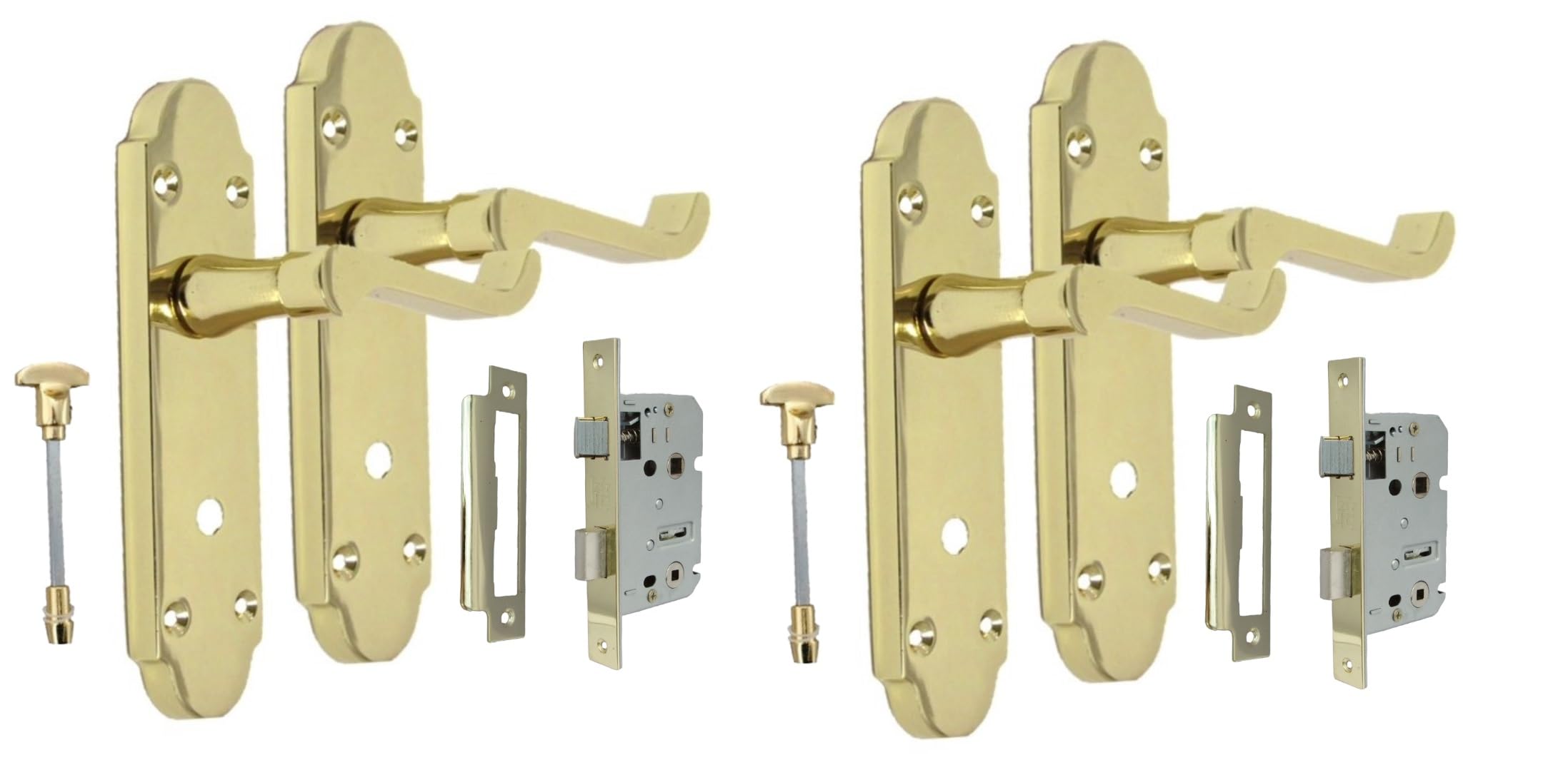 Epsom Door Handle Yellow Brass Internal Door Handles - Door Handles Internal Sets & Bathroom Sash Lock, Brass Door Handle Set For Internal Doors, Door Handle In Electro Brass (2 Pair Of Bathroom Handles + Bathroom Sash Lock)