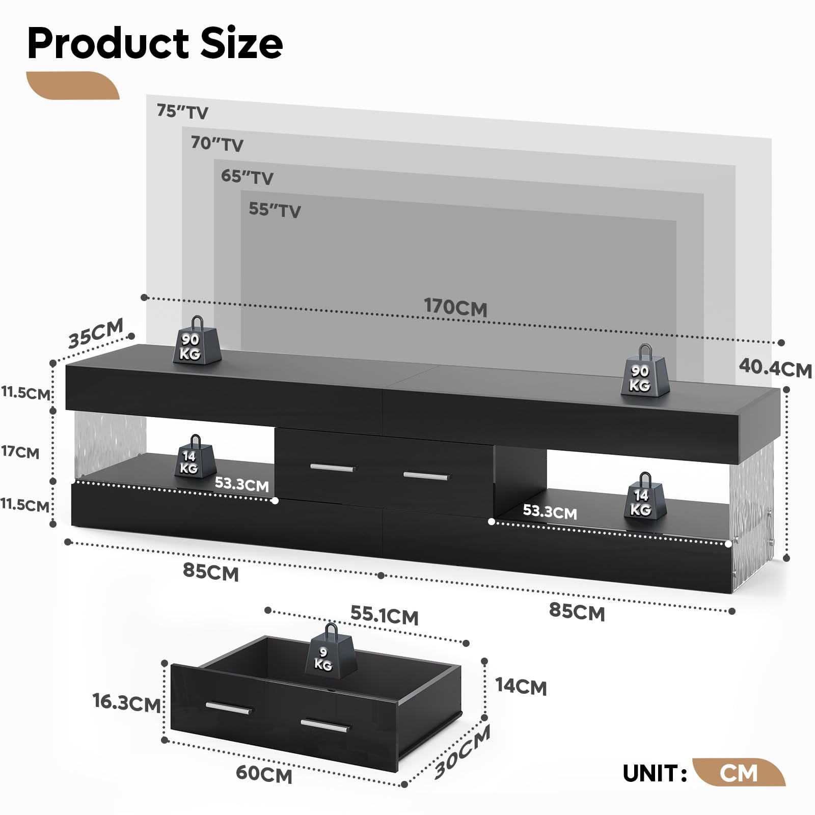 Bestier Mueble de TV para televisores de hasta 75 Pulgadas,Soporte de TV Moderno de Alto Brillo,Centro de Entretenimiento con LED y cajón Grande,Consola de TV para Sala de Estar y Dormitorio(Negro)