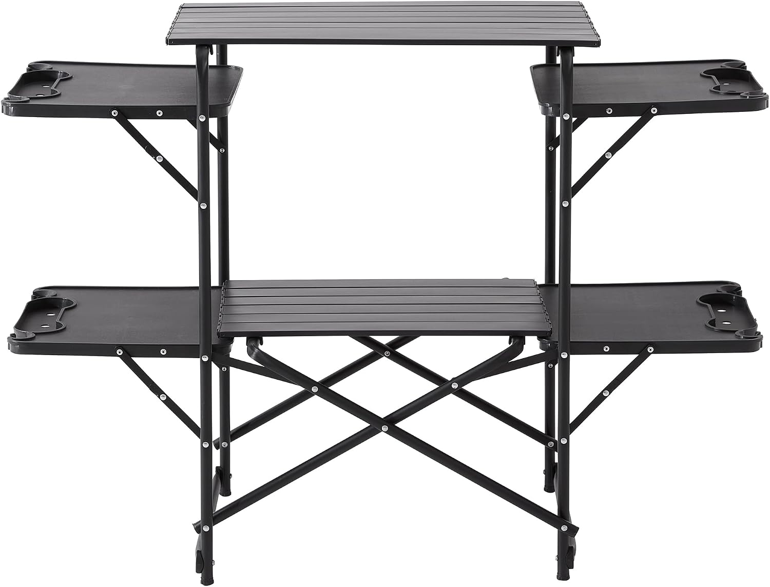 Slim-Fold Camping Kitchen Table, Metal Folding Portable Outdoor Cook Station with 4 Side Tables, 2 Storage Shelves & Carrying Bag, Heat Resistant for Picnic BBQ,Upgraded Black