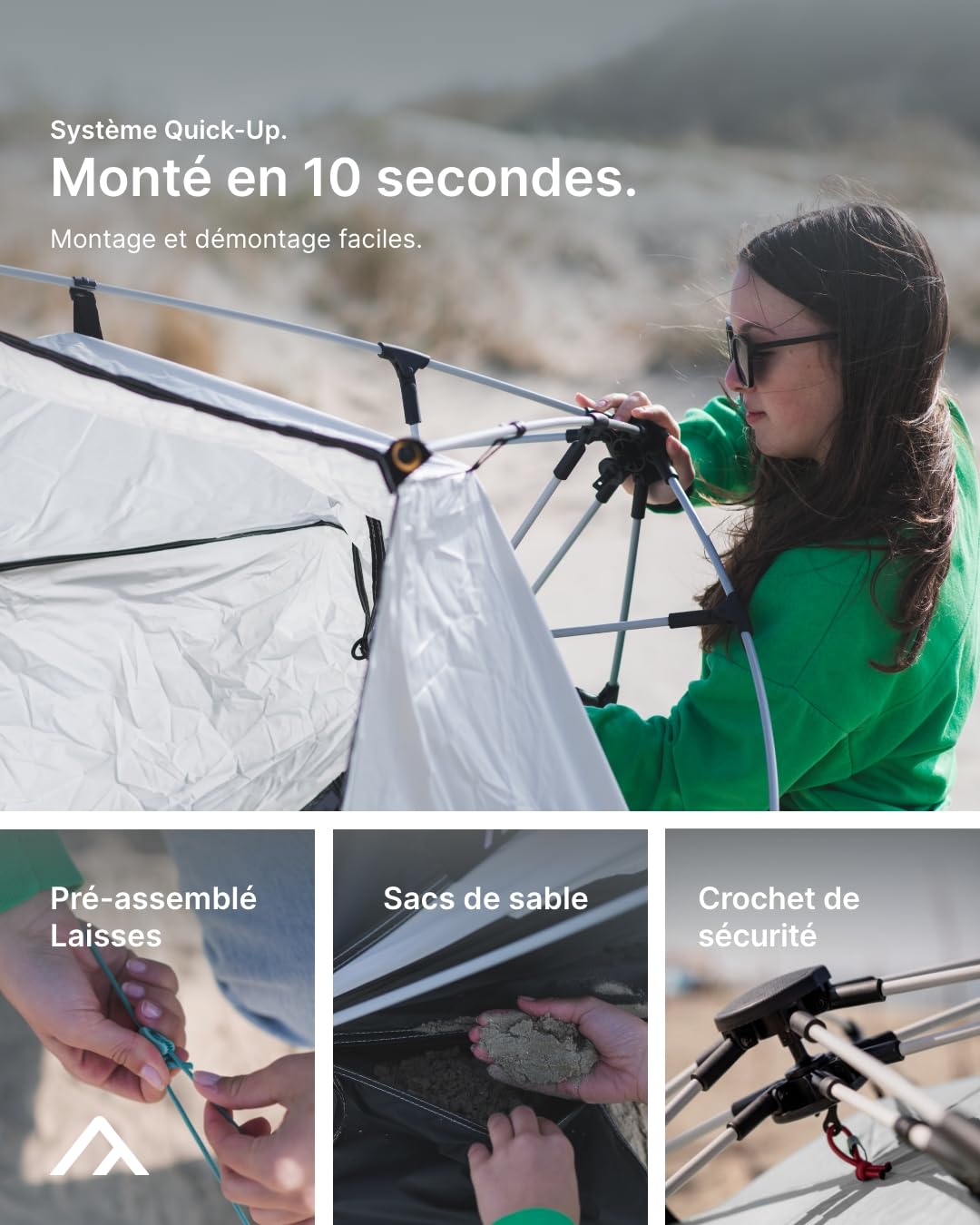 qeedo Quick Bay Pro Grande Tente de Plage UV80 pour 3 Personnes, avec piquets de Sable et Sac de Transport - Protection Solaire pour familles, Enfants, bébés ou Chiens - Gris Sable.