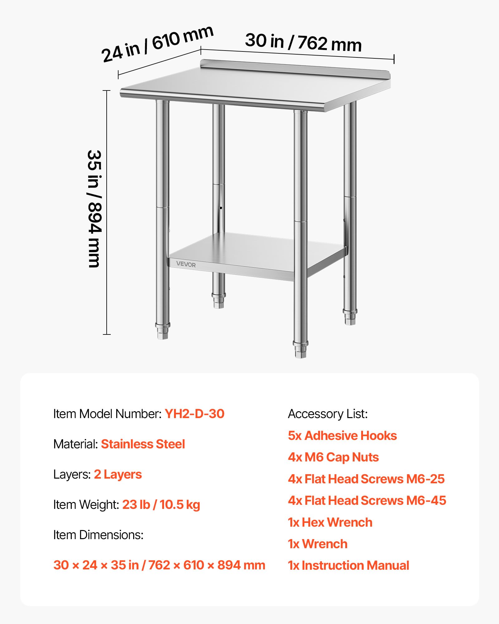 VEVOR Mesa de Trabajo de Acero Inoxidable 2 Niveles, Mesa de Preparación de Alimentos 76,2x61x89,4 cm, Estante Inferior Ajustable, Protector contra Salpicaduras, para Restaurantes, Bares, Hoteles