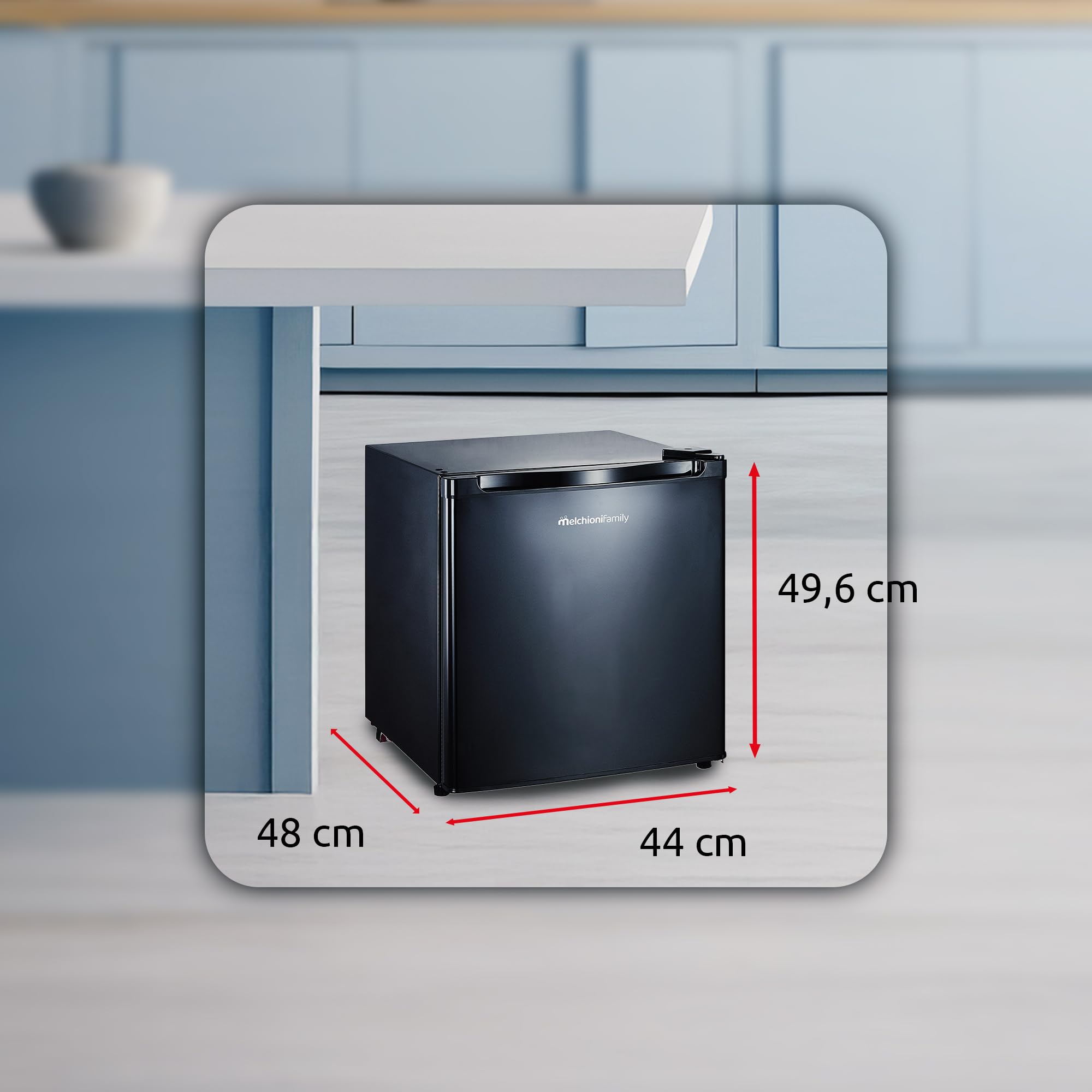 Familie Melchioni | Mini-Kühlschrank mit Kompressor 46L mit mechanischer Steuerung, 6 Temperaturstufen und extra Frischefach, kompakt, leistungsstark und effizient [Energieeffizienzklasse E]
