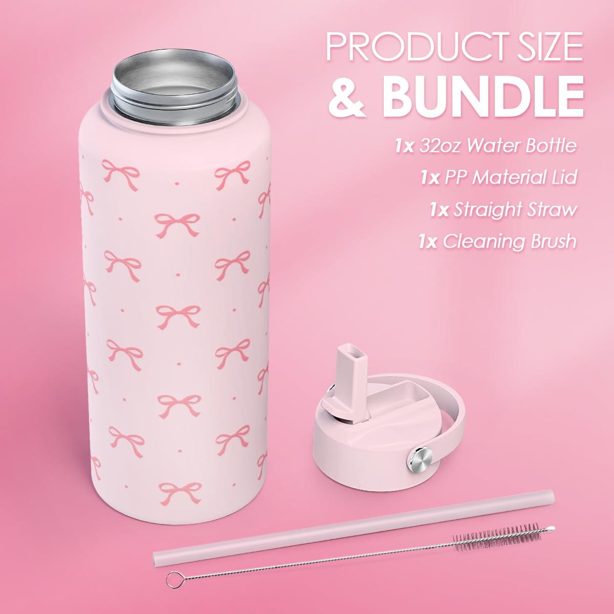 SANDJEST Rosa Schleife Wasserflasche Edelstahl isoliert Vakuum 1 l (32 oz) mit Deckel, Geschenke für Frauen Mädchen Teenager Geburtstag Weihnachten