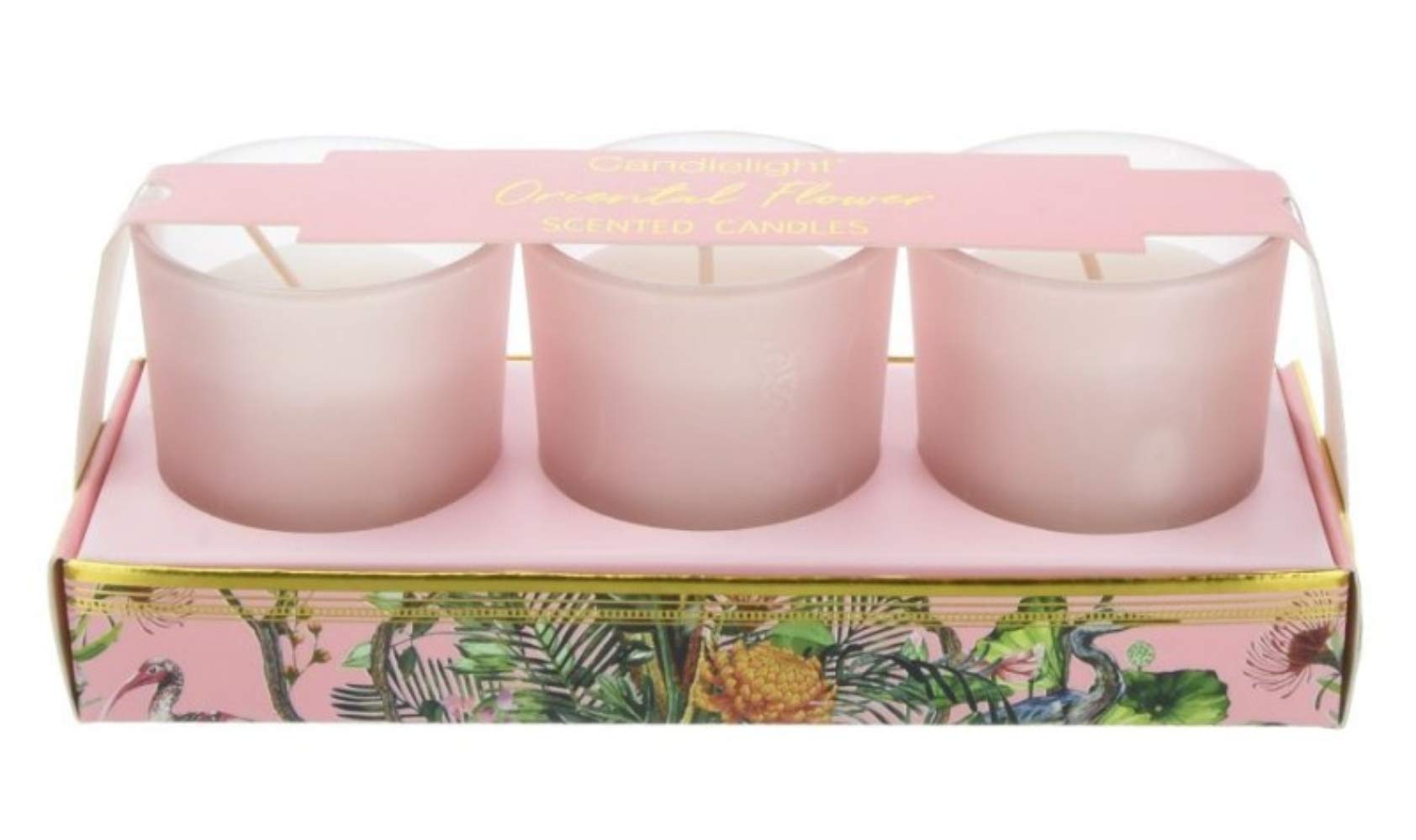CANDLELIGHT Chinoiserie Gift Set of 3 Wax Filled Candle Pots/Tealights/Votives - Oriental Flower Scent - Pink - 50 g