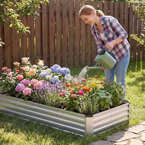 Image of NEWBULIG Galvanized Raised Garden Bed Outdoor, 8x4x1ft Metal Planter Box for Gardening, Rust-Resistant Rectangular Raised Flower Bed for Vegetables Flowers Herbs, Open Bottom, Easy Assembly