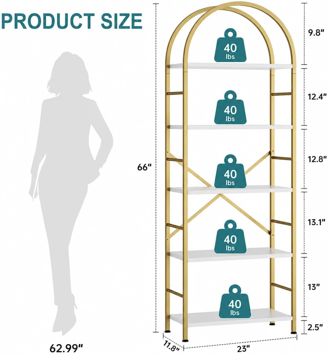 Shintenchi Bookshelf, Arched Bookshelf 5 Tier Bookcase Shelf for CDs/Books, Home Office Bookcase Shelf Storage Organizer, Modern Book Shelf for Bedroom/Living Room, Gold