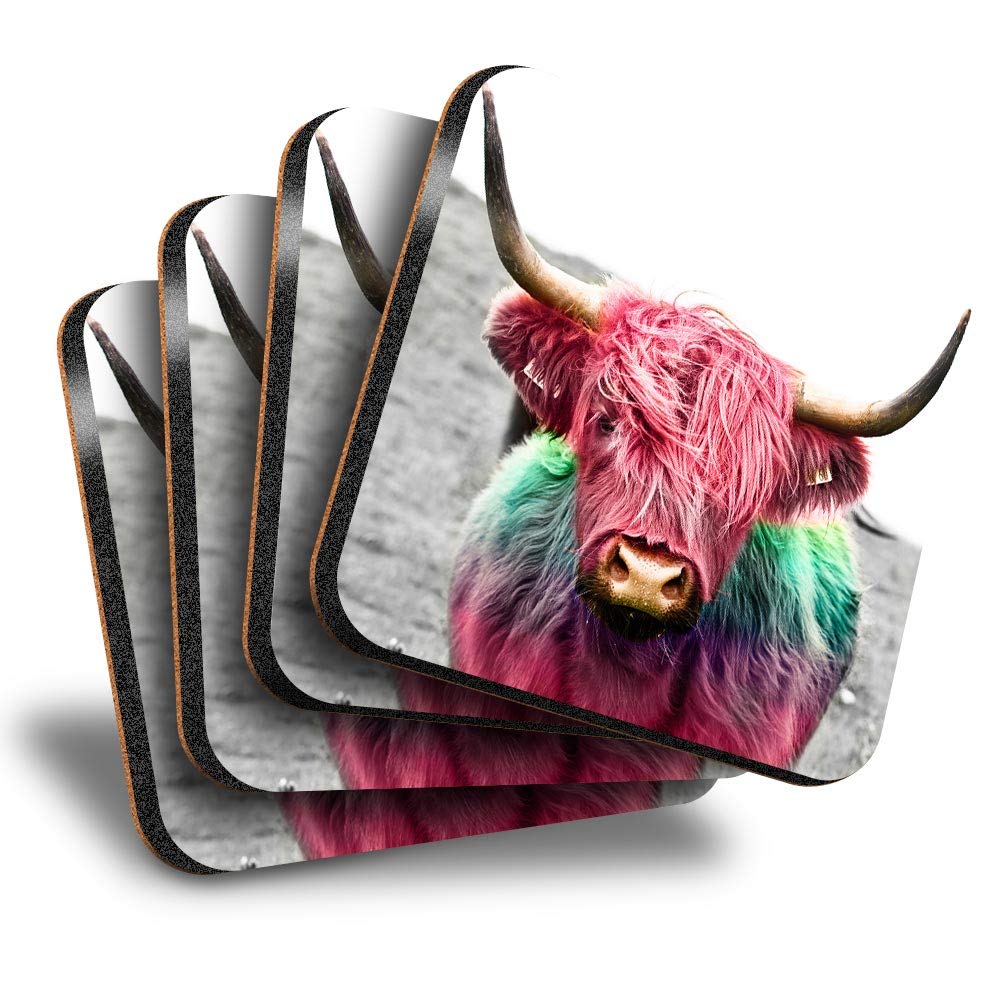 Destination Vinyl Ltd Great Coasters (Set of 4) Square - Pop Art Highland Cow Pink Rainbow Drink Glossy Coasters/Tabletop Protection for Any Table Type #21684