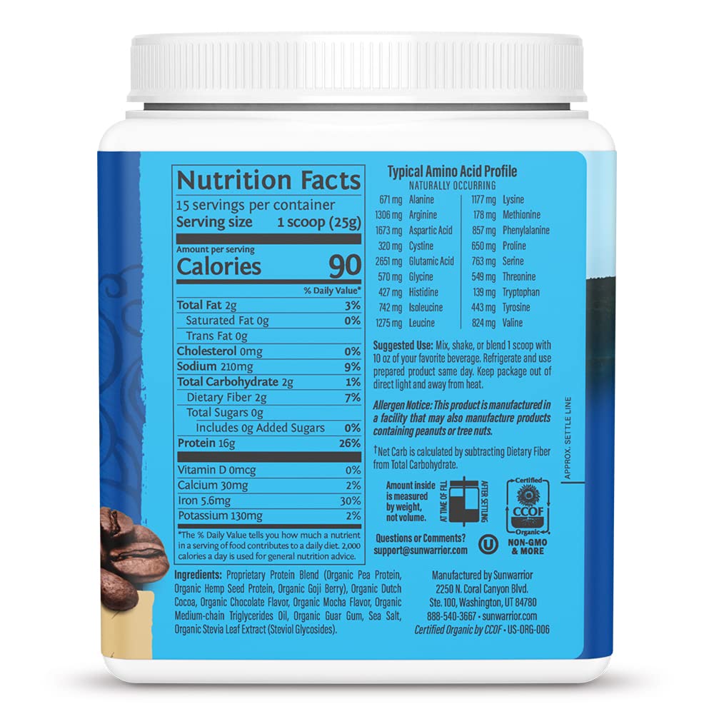 Sunwarrior Warrior Blend Organic Protein Moka pour Unisexe Supplément Alimentaire de 13,2 oz 1 Unité