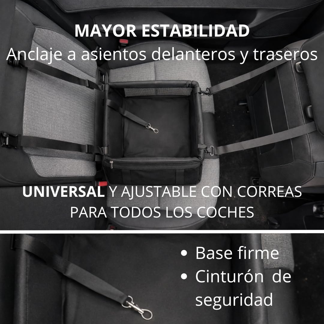 Transportín para Perros y Gatos para Coche | Asiento Seguro y Reforzado con Correa de Seguridad | Impermeable, Plegable y Universal | Incluye Manopla para Quitar Pelos | 40x40x32 cm