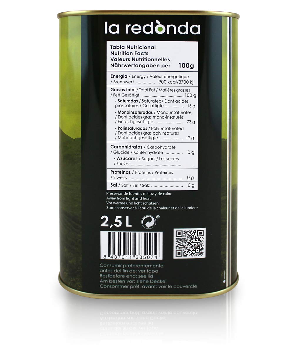 La Redonda - Natives Olivenöl extra aus 100 % Arbequina-Oliven - 2.5L - Blechdose - Frühe Ernte von unserem Landgut in Aragonien - Kaltpressung - Einmalige Pressung - Eigene Ölmühle