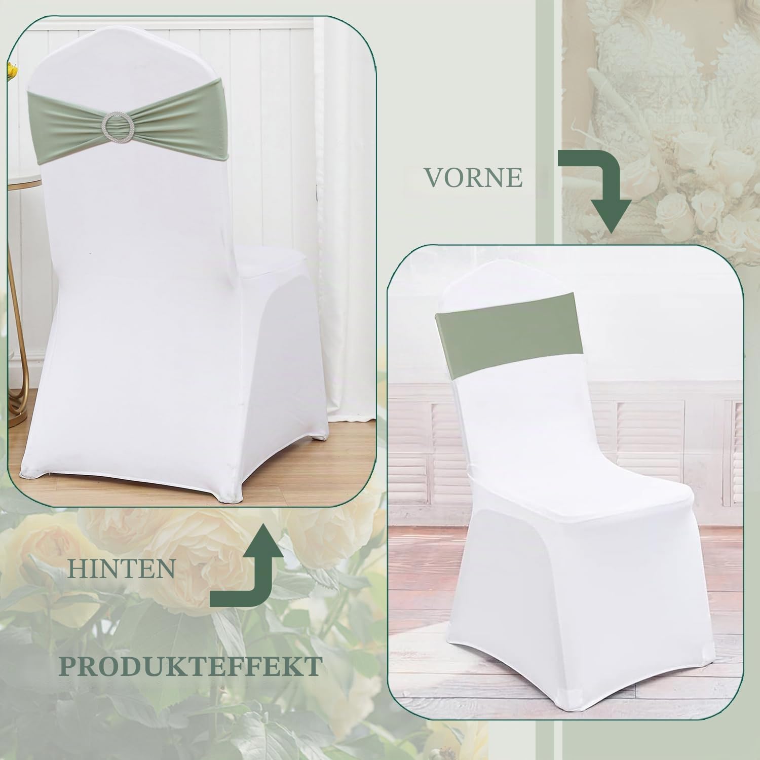 Stuhlschärpen für Hochzeit, 100 Stück, Spandex, Salbeigrün, Salbeigrün, Schleifen mit Blucke, für Brautschmuck, Babyparty, Geburtstag, Bankett, Party-Dekorationen