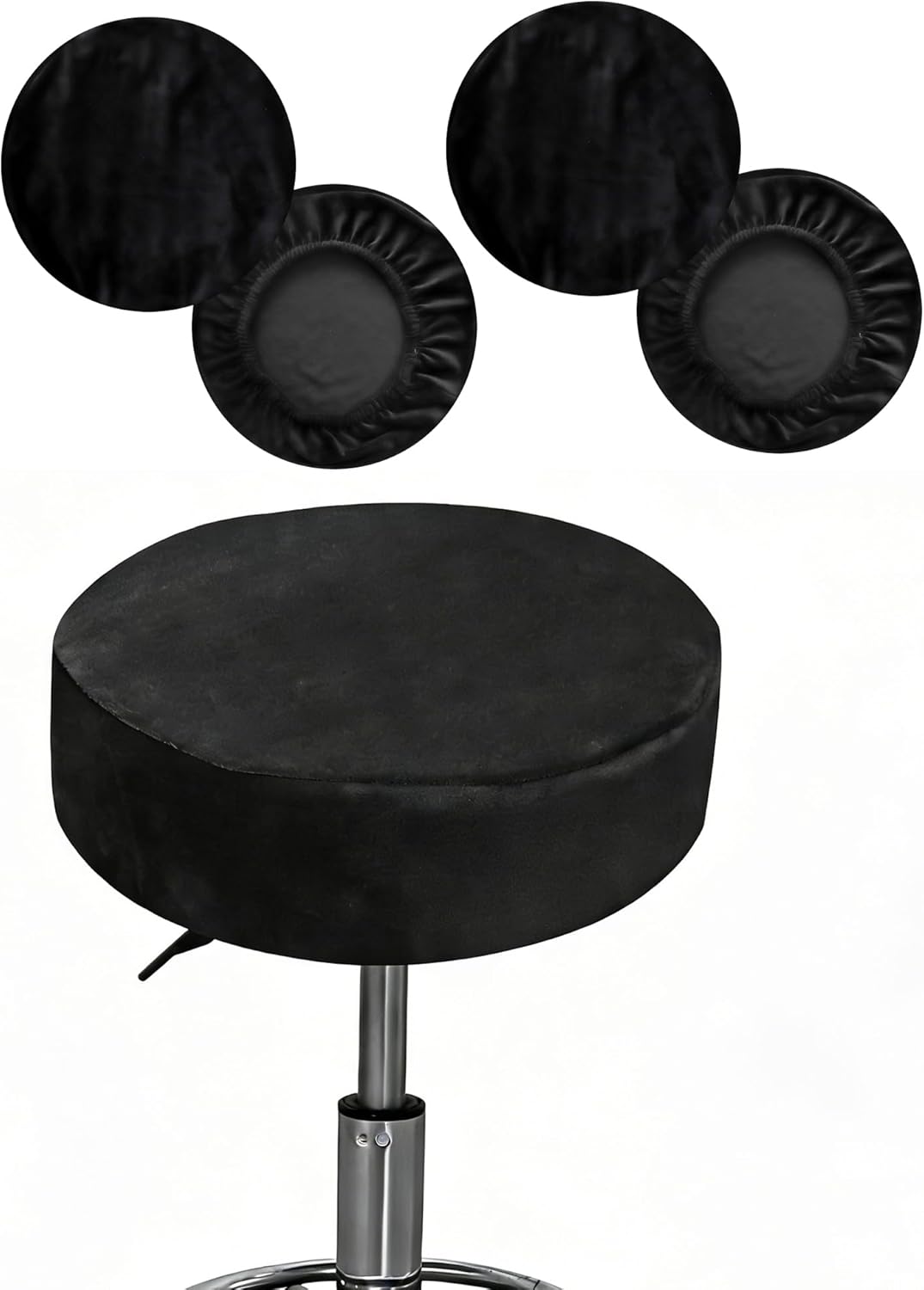 Round Bar Stool Covers Set of 4 Velvet Black Stretch Large Round Counter Stool Seat Slipcovers 16-18" Washable Removable-Velvet Black, 4PCS