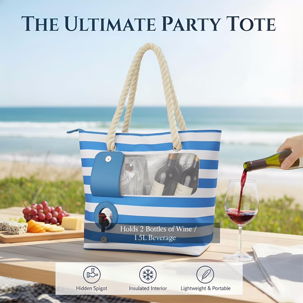 Sipsack Wine Tote Bag, Beach Cooler for Travel Gift, Leakproof Insulated Purse Carrier with Hidden Spout Compartments – Drink Cooler for Picnic, BYOB, Party, Dinner