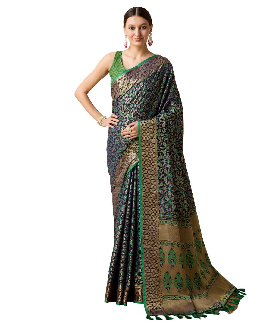PURE PATOLA SILK SAREE WITH ALL OVER CONTRAST PATOLA WEAVED Banarasi Silk Saree, Traditional Weaving, Ethnic Outfit with Golden Border unstitch blouse-image-38