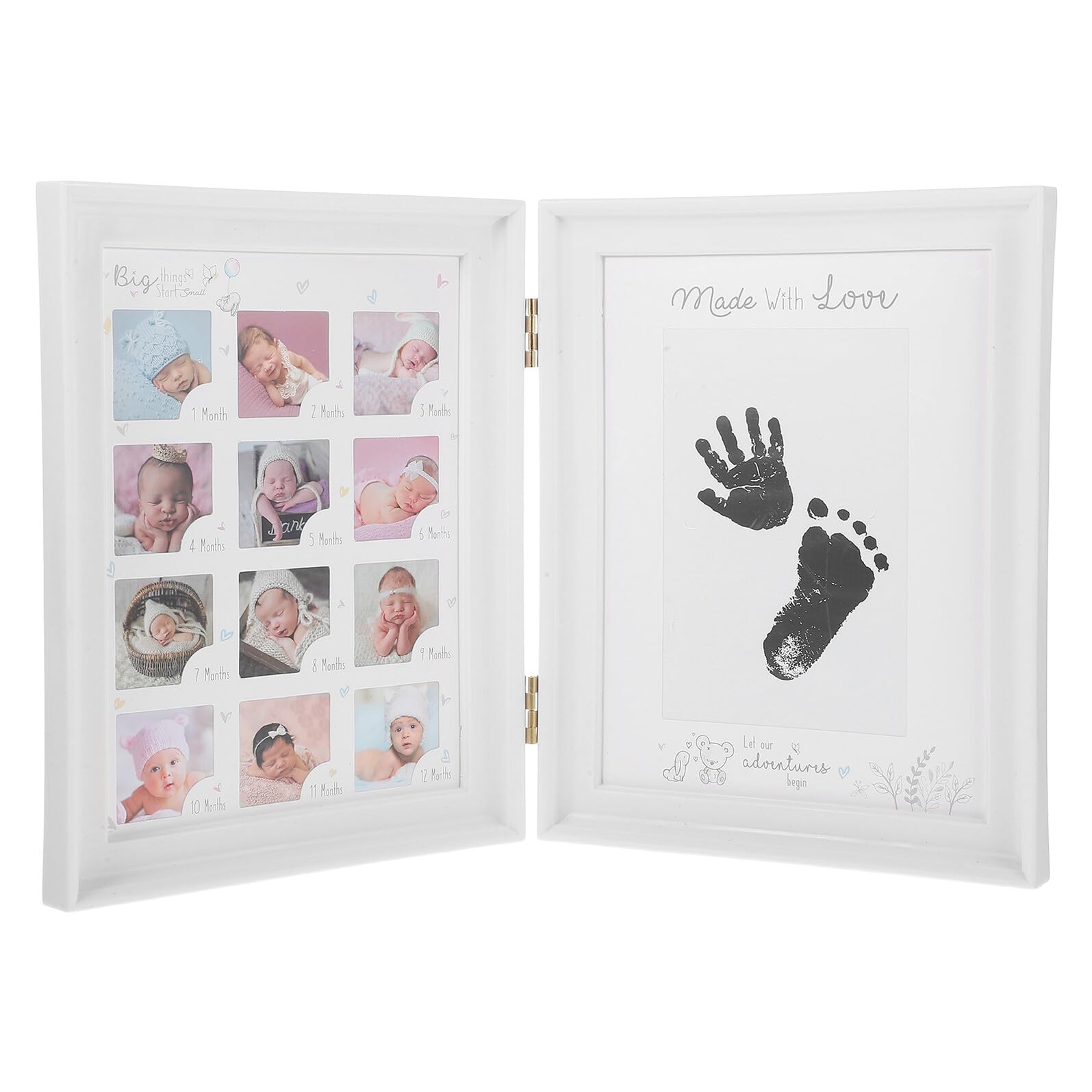 Cadre photo bébé blanc double volet avec kit empreintes de mains pour décoration