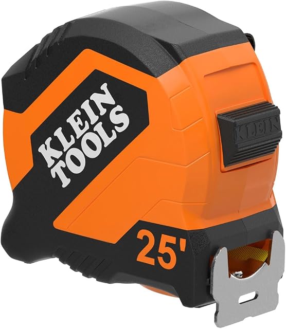 Klein Tools 9525 Tape Measure, 25-Foot Compact Double-Hook Imperial Measuring Tape with Finger Brake, Nylon Blade, Easy to Read Bold Lines