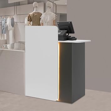 Reception Desk with LED Light Strip, 31.5 Inch Compact Front Desk with Lockable Drawers, Warm White & Grey Checkout Counter for Salon, Office, Boutique, 440.92 lbs Load Capacity